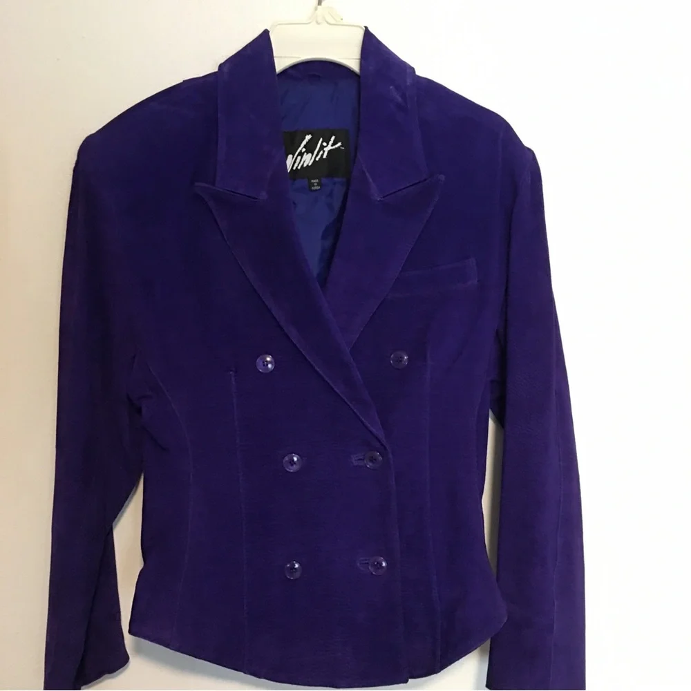Winlit Suede Leather Blazer Womens Size Medium Purple Double Breasted Vintage